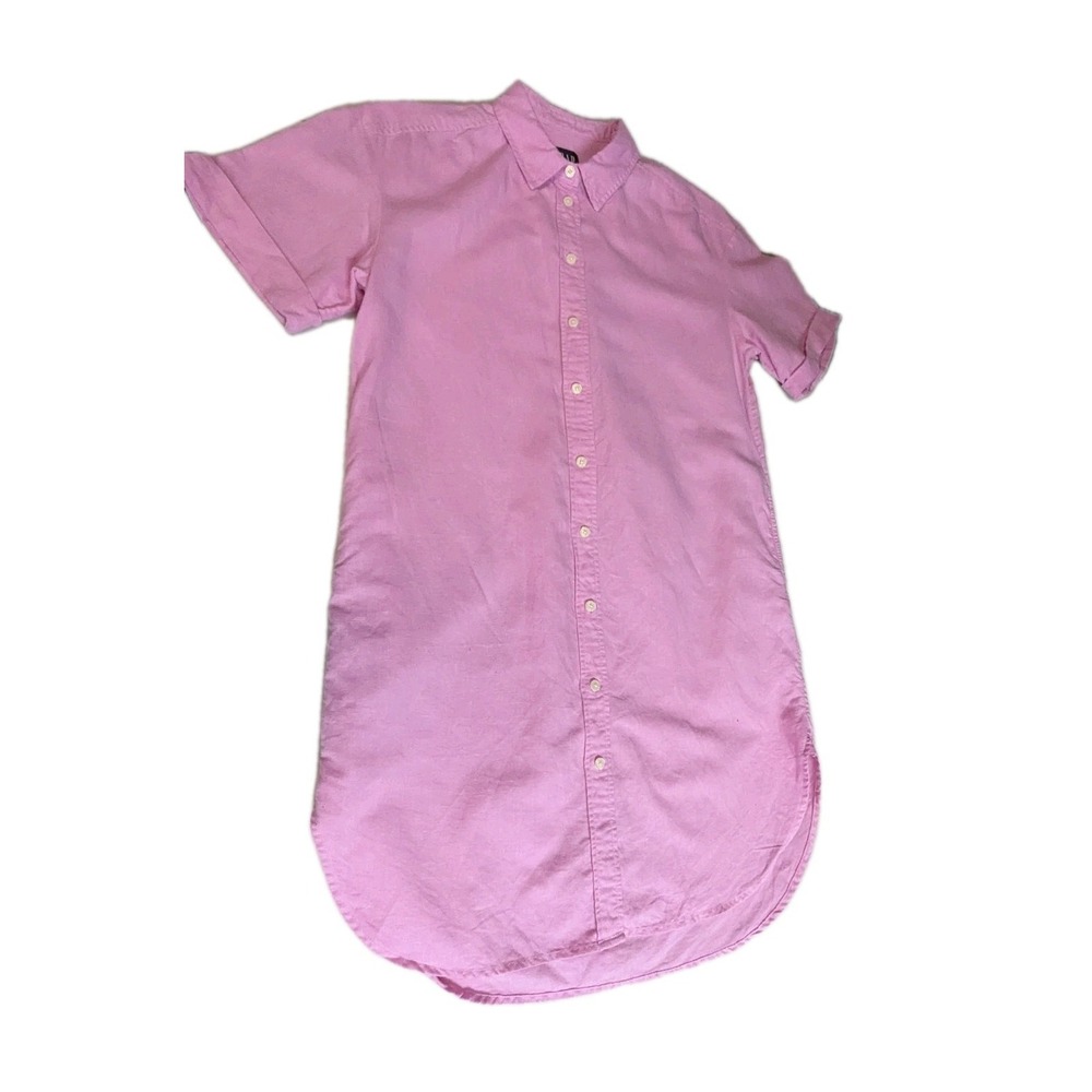 GAP Pink Linen Blend Short Sleeve Button Front Shirt Dress XS Petite W/ Pockets - Picture 7 of 13